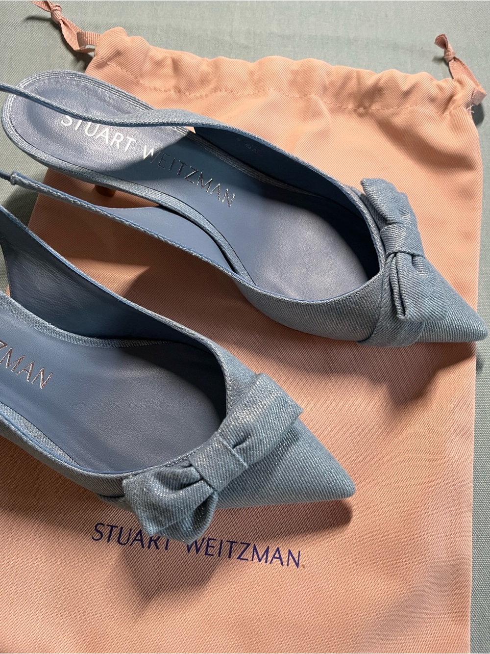 Stuart Weitzman light Blue denim Sofia 50 sling back Pointed Toe Bow Pumps - Picture 3 of 6